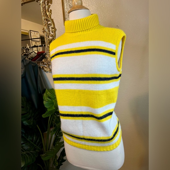 Vintage 60s Elmar Yellow Striped Turtleneck Knit Sweater Vest Small Sunshine - Picture 2 of 6